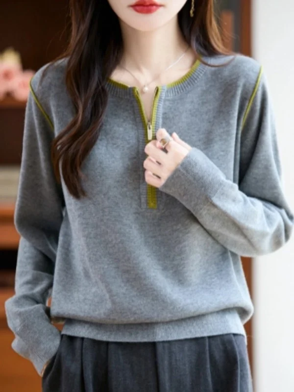 Hochwertiger europäischer SLE-Strickpullover mit Reißverschluss und Stickerei Long Sve Damenoberbekleidung Faionable Commuting SLE