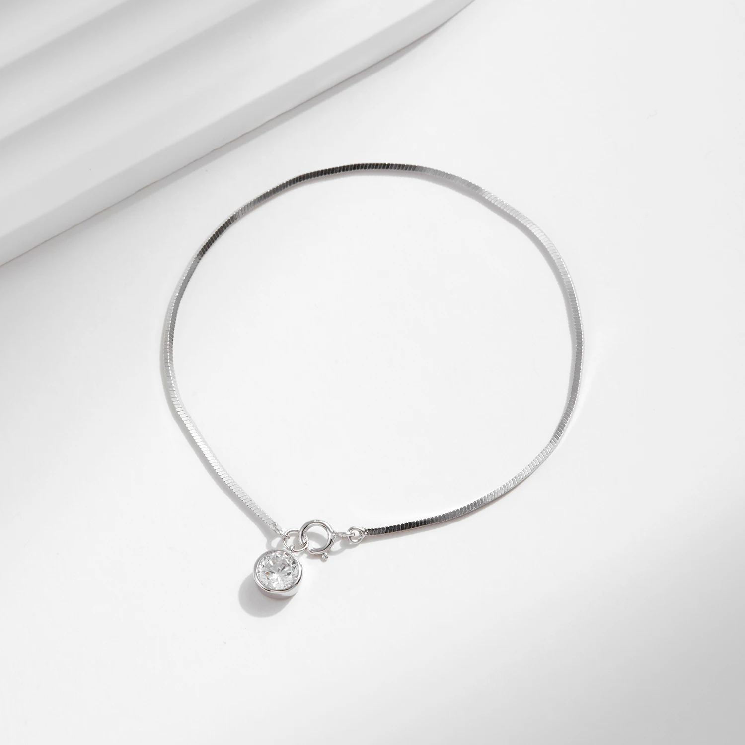 MODIAN 925 Sterling Silver Snake Chain Bracelet White Gold Sparkling Round CZ Charm Dainty Chain Bracelet for Women Jewelry