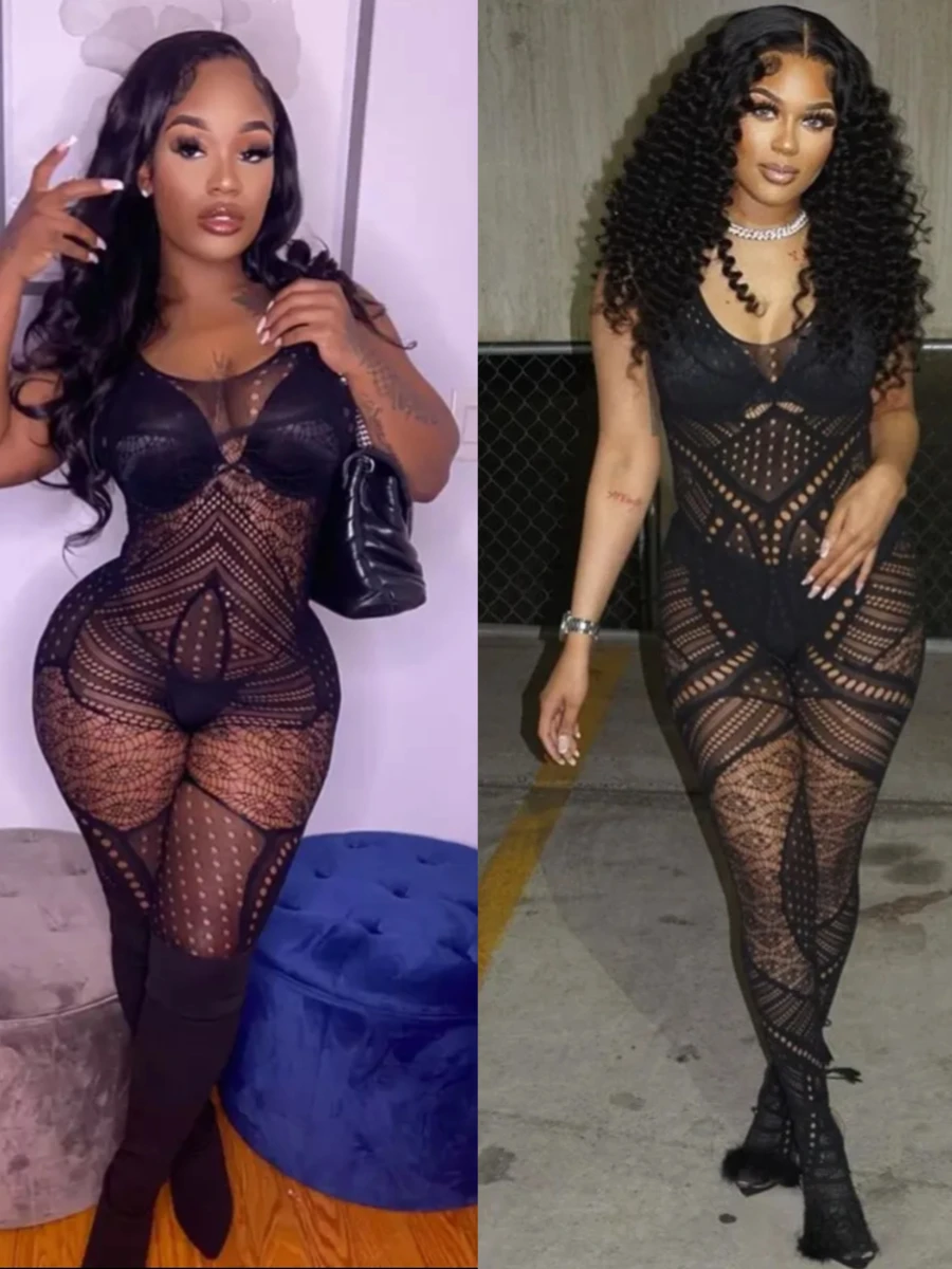 

Sexy Tight Lingerie Club Outfits Black Full Body Stockings Sexiest Body Suit Set Mesh Hollow See Through Women Erotic Jumpsuit