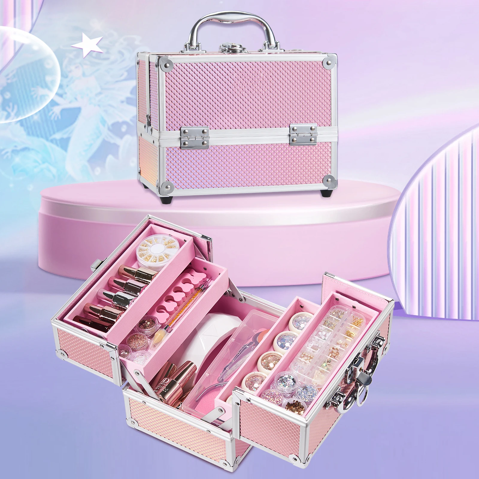 

Чехол для макияжа, косметичка для красоты, 4-х уровневые подносы, органайзер для хранения ювелирных изделий с запираемой розовой подкладкой, идеально подходящий для женщин и девочек