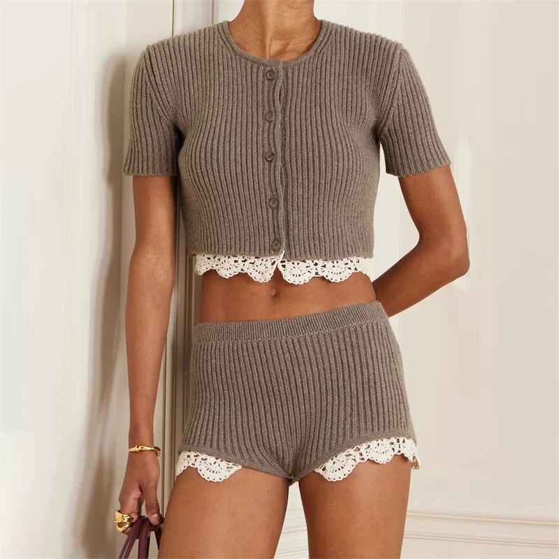 

Cardigan for women New elastic knitted slim short sleeved top for autumn 2025 100% wool Women's sweater Hand hooked lace Blouse
