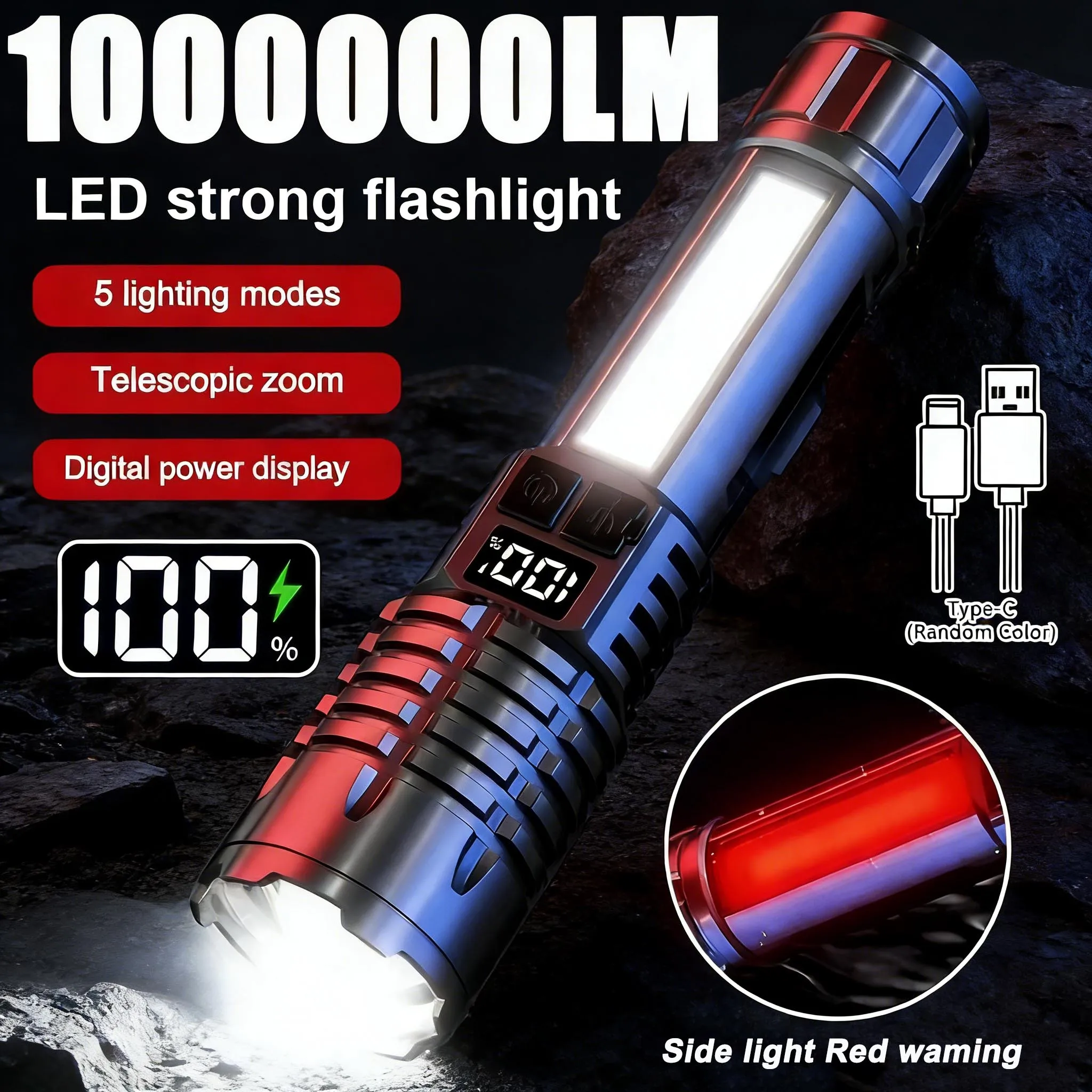 High-Power Strong Light LED Flashlight Zoomable USB Rechargeable With and Ultra-Bright Long-Range Aluminium Alloy Outdoor Torch