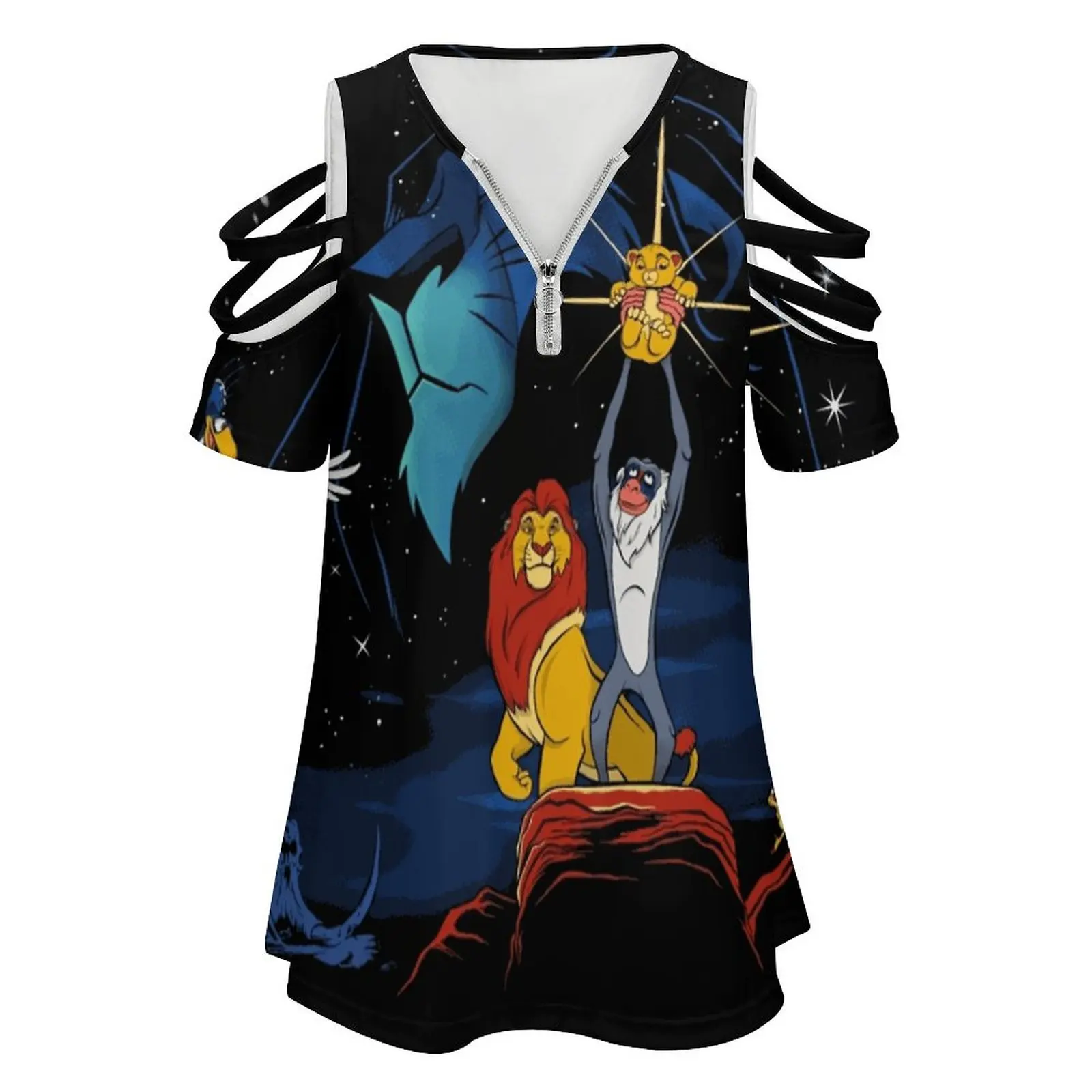 Lion Wars Women's T-Shirt Summer Fashion Print Floral V-Neck Zipper Tshirt Hollow Pullover Ladies Top Lion King The Lion King