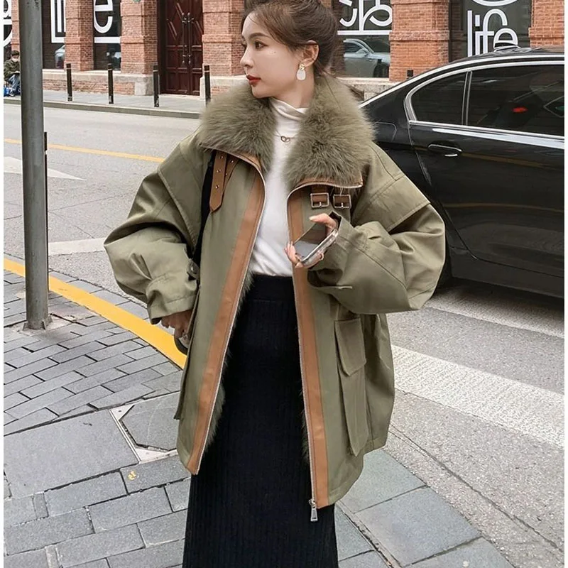 Black Parker Cotton Jacket For Women's Winter Coat  Plus Velvet Warm Overcoat New Female Loose Big FurCollar Outcoat Plus Size