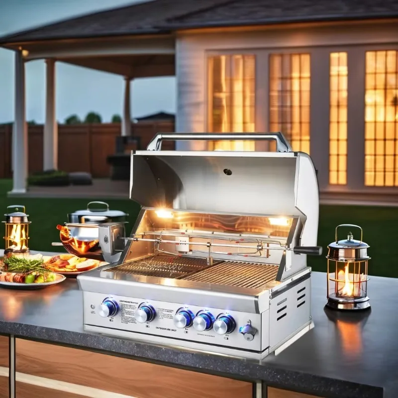 Luxury 304 Stainless Steel LPG Built in BBQ Grill 32 Inches Garden Grill with 5 Burners Propane Rear Infrared burner Portable