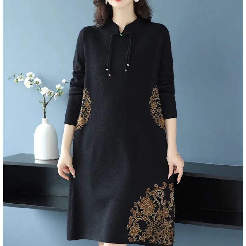 Jesienno-zimowa sukienka swetrowa z kołnierzykiem cheongsam, damska, dzianinowa, długa, luźna, elegancka sukienka dzianinowa, sukienki damskie, vestidos