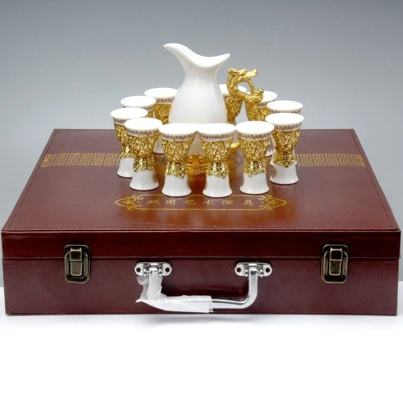 Винный набор, бытовая керамическая маленькая чашка Baijiu, двойная головка, золотая спиртовая чашка, элитный подарочный набор