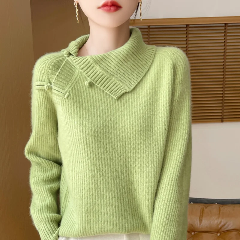 Autumn Winter New Sweater Women\'s Clothing 100% Wool Collar Knitted Pullover Fashion Chinese Style Retro Knitted Warm Tops