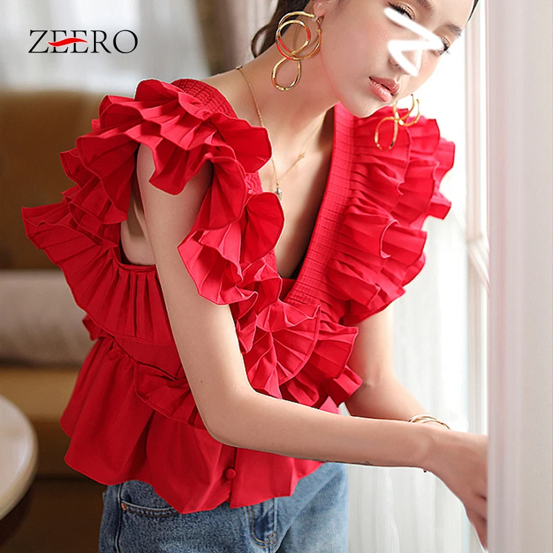 Summer Red Patchwork Ruffles Shirt V Neck Short Petal Sleeve Womens Blouses Elegant Sweet Ladies Cropped Tops Blusas De Mujer