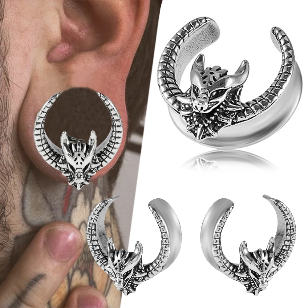 2-1PCS Retro Dragon Head U Shape Ear Gauge Saddle Plug Expander Earrings Copper Ear Stretchers Tunnels Piercing Body Jewelry