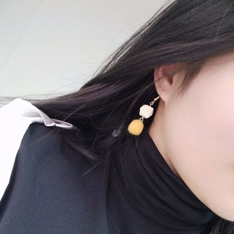Korean Retro Plush Ball Long Earrings For Women Geometric Square Wood Stitching Multicolor Hair Ball Earrings Gift Jewelry
