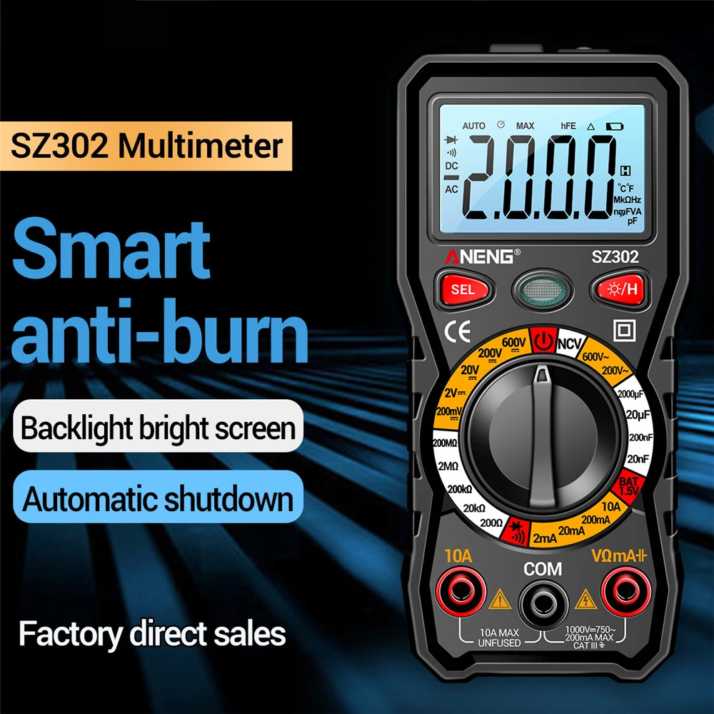 Multímetro Digital LCD SZ301 SZ302, voltímetro automático, AC DC 220V, condensador de voltaje de resistencia, probador de diodo NCV