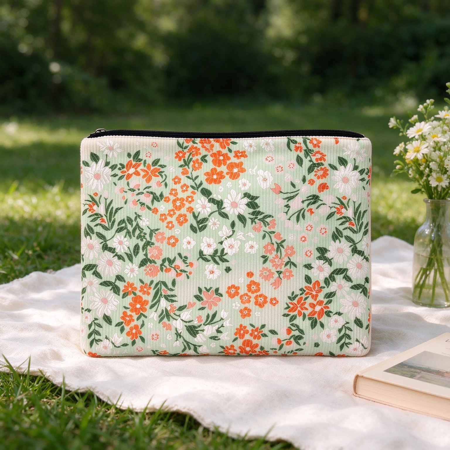 Vintage Floral Corduroy Cosmetic Bag, Light Green Flower Print Makeup Pouch, Portable Zipper Beauty Storage for Daily Travel