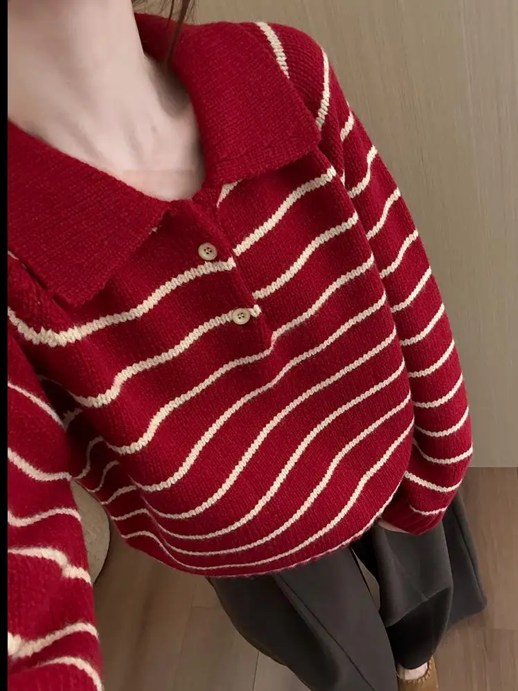 Ele vintage ne listrado camisola feminina solta ajuste outono novo sle emagrecimento topo quali malha longa sve camisola