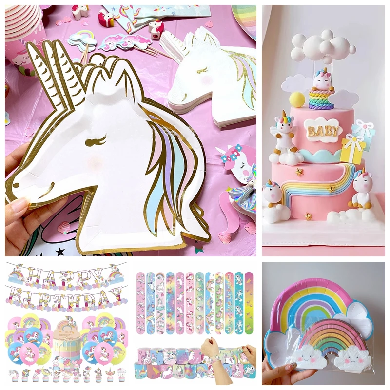 8Guests Unicorn Birthday Disposable Tableware Rainbow Horse Plates Napkins Girl Happy Unicornion Birthday Party Supplies