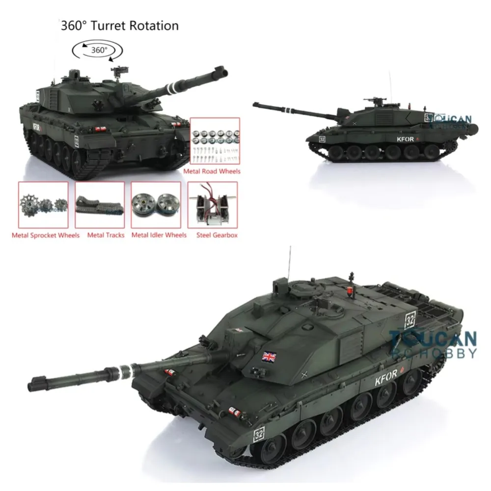 Heng Long RC Tank 1/16 أخضر داكن 7.0 Challenger II خزان التحكم عن بعد 3908 360 ° برج المعدن المسار نموذج اللعب الهدايا TH17751 #3