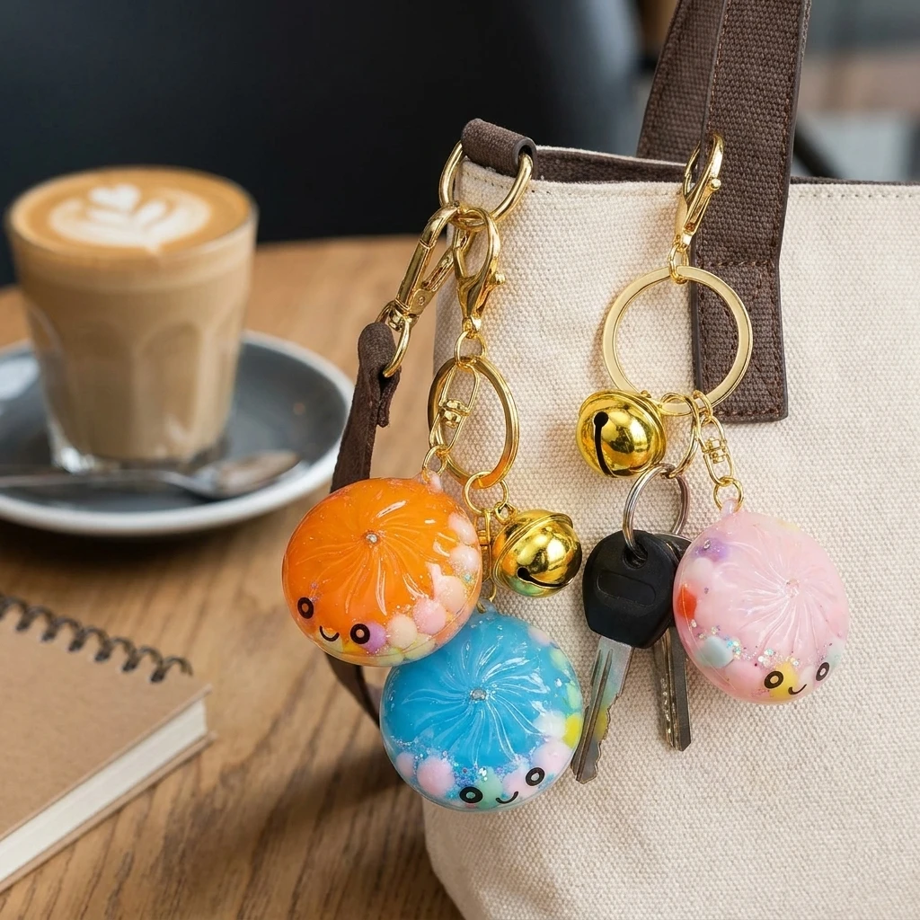 Cute Dumpling Keychains Mystery Set 3D Bun Shaped Hard Shell Fidget Keyring with Bell Colorful Bag Charm Holiday Birthday Gift