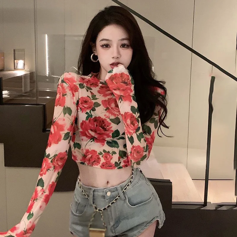 

Flower Print Slim Fashion Expose Navel Long Sleeves O Neck T-shirt for Women Sexy Transparent Short Tops T-shirts for Girls