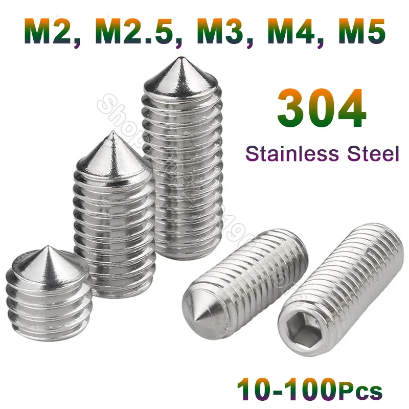 

10-100Pcs DIN914 Hex Hexagon Socket Set Screw Cone Point Grub Screw Allen Head Bolt M2 M2.5 M3 M4 M5 304Stainless Steel L=3-40mm