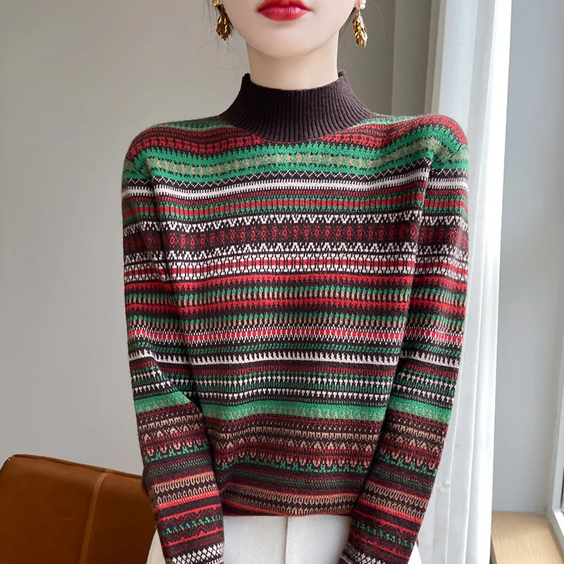 

Women's Autumn Winter Half High Neck Long Sleeve Thick Sweater Fashion Versatile Slim Pullover Elegant Stripe Commuter Lady Tops