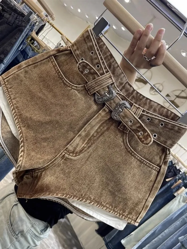Fashion Hots Girl Vintage Show Leg Length Denim Shorts Personality Belt High Waist Easy Matching Wide Legs Hot Short Trousers