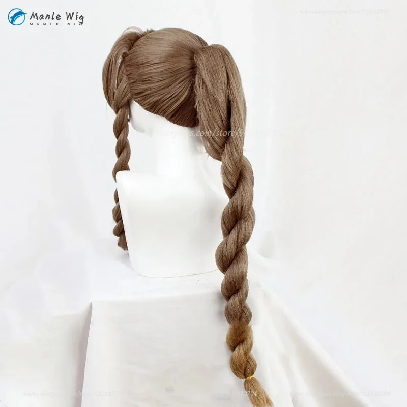 FF7 에어리스 게인스보로 코스프레 85cm 긴 갈색 꼬리 머리 내열성 합성 애니메이션 가발 + 가발 모자