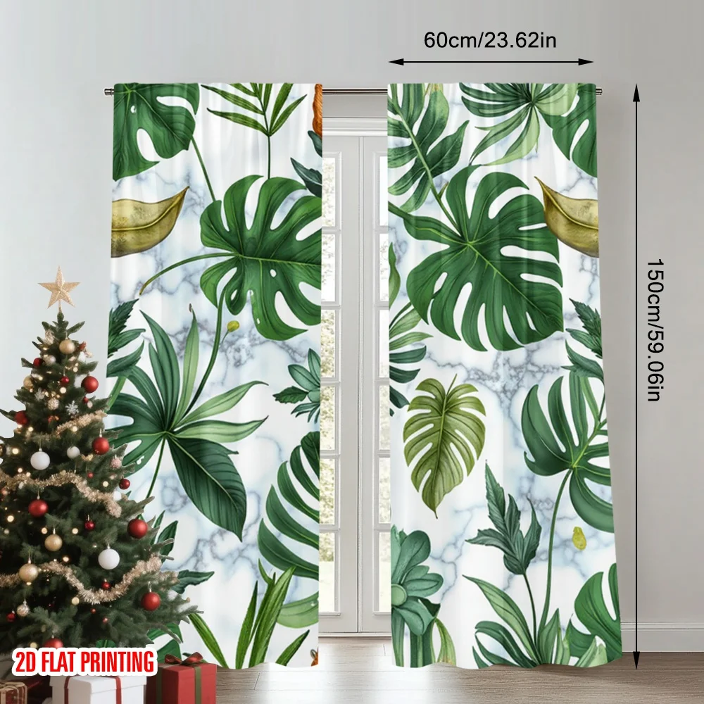 2pcs 2D flat printing Curtains Tropical Leaves Marble Green Digital Printed Polyester Drapes Party Decorations Perfect for