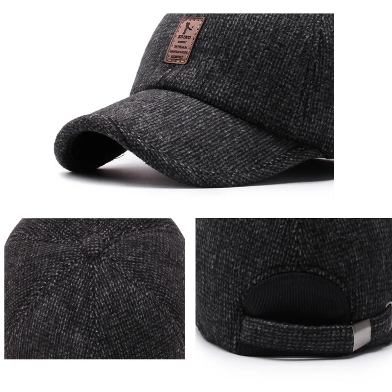 Men Autumn Winter Warm Cotton Woolen Golf Baseball Cap Outdoor Earflap Trucker Hat Middle-aged Dad Hat Ear Cover Design Warm Hat