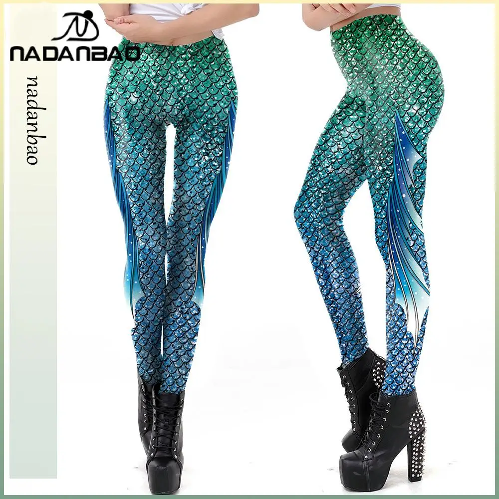 Nadanbao Blue Fish Scales Leggings for Women 3D Digital Print Mermaid Leggings Elastic Sporty Workout Holiday Travel Trousers