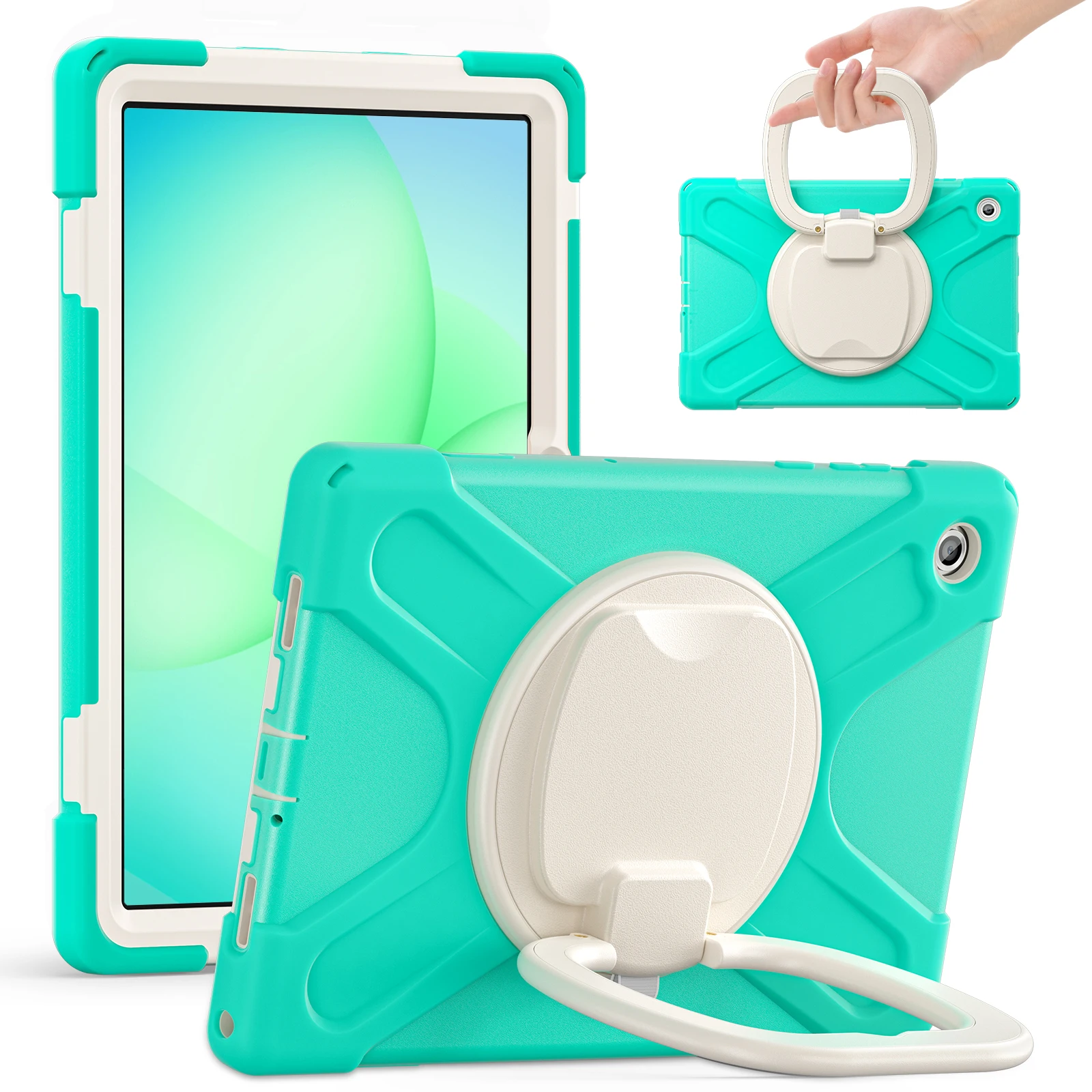 

For Samsung Galaxy Tab A11+ Tablet Case TPU + PC + Silicone Cover Swivel Kickstand Handle Grip - Mint Green
