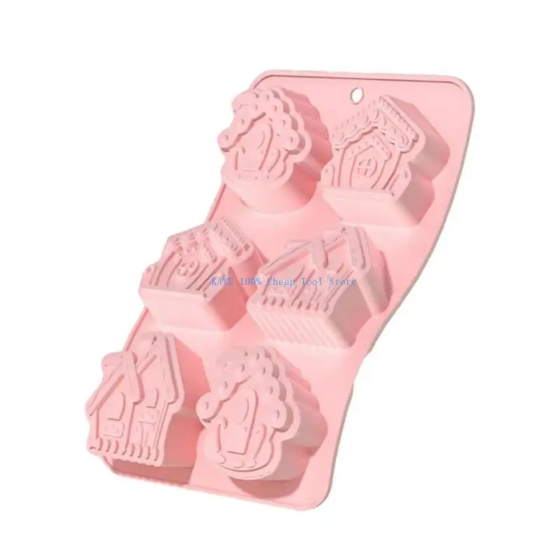 

G6KA 6-Cavity Heart/House Fondant Chocolate Mould Cake Baking Tool Handmade-Soap Silicone Ornament Mold Easy to Clean