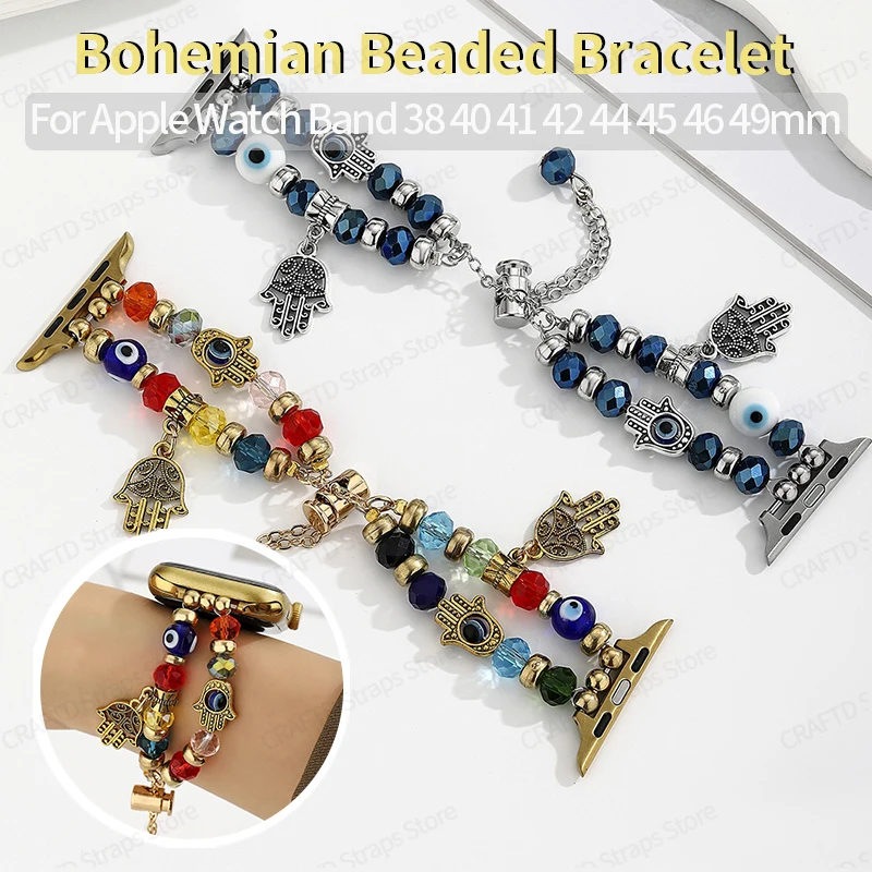 Vintage Ethnic Evil Eye Hand Beaded Band for Apple Watch Series 11 10 9 8 Ultra 2 SE Crystal Bead Watch Bracelet Strap 38‑49mm