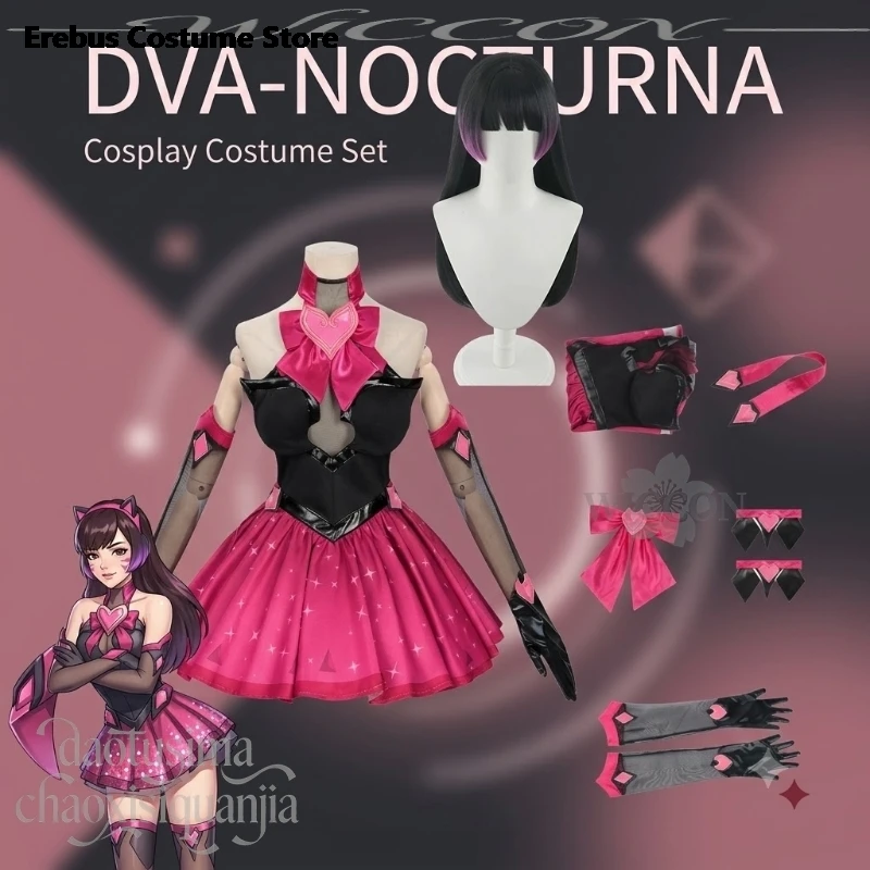Dvaa Nocturna Nuevo Conjunto Sexy Rosa Fucsia y Negro con Cinturón y Lazo, Estilo Y2K, Traje Jirai Kei, Gótico, Lolita, Cosplay, Anime, Juego