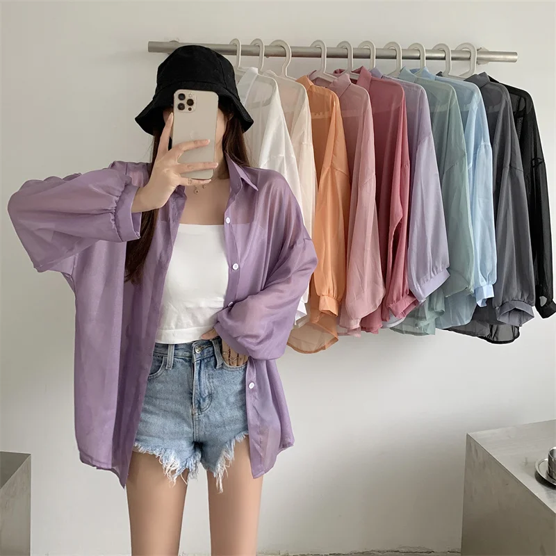 Korean Style Balloon-Sleeve Sheer Chiffon Cardigan Women Summer Long Sleeve Button Up Shirts Holiday Beach Thin Cover Up Coat