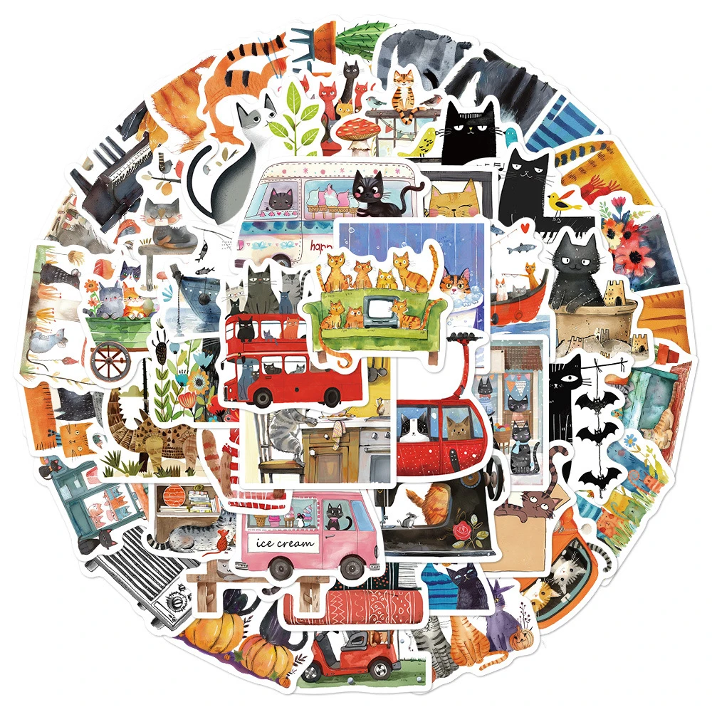 

10/30/50pcs Funny Cat Cartoon Illustration Stickers Aesthetic Waterproof DIY Scrapbooking Stationery Retro Decoration Sticker