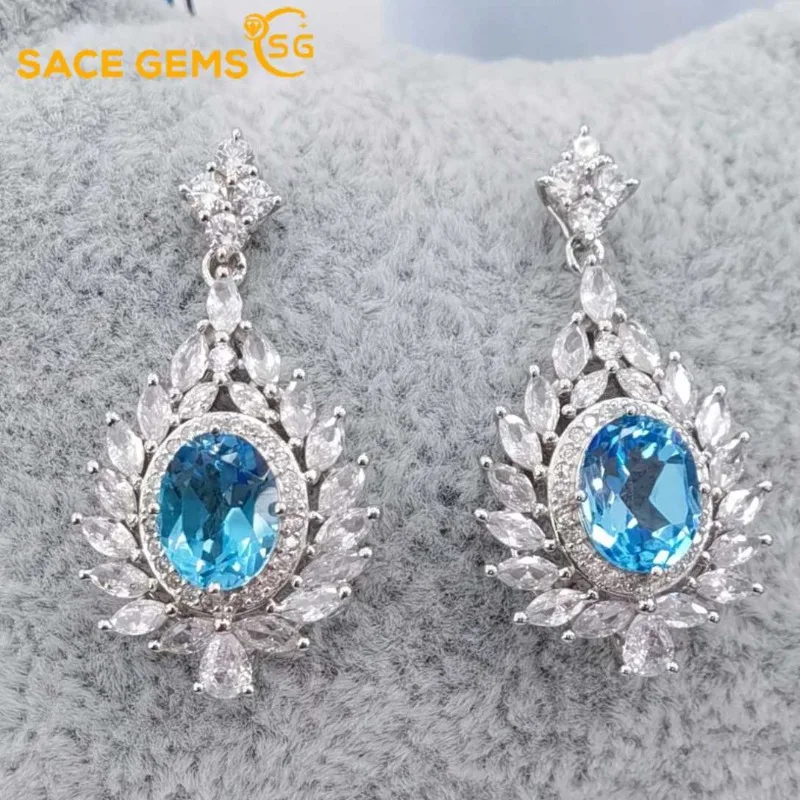 

SACE GEMS Fashion Earrings for Women 925 Sterling Silver 5*7MM Natual Swiss Blue Topaz Stud Earrings Wedding Party Fine Jewelry