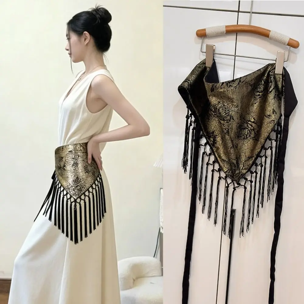 Split Chinese Style Triangular Waist Belt Printing Tassel Trim Butt Curtain Ruched Irregular Hem Triangular Waistband Streetwear