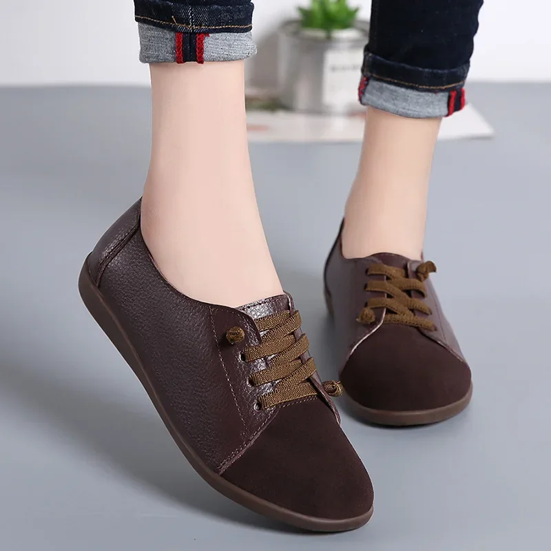 New 2024 Spring Woman Ladies Shoes Leather Non-slip Flats Lace Up Sneakers Women Oxford Shoes Plus Size Moccains Ladies Shoes