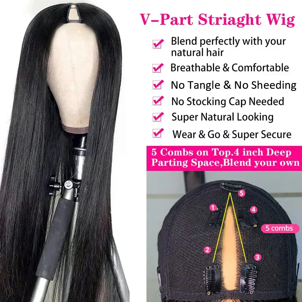 32 Inch Straight V Part Human Hair Wigs 200 Density Straight Brazilian Wig For Women V part Human Hair Head Clip In Halr Wig image 3