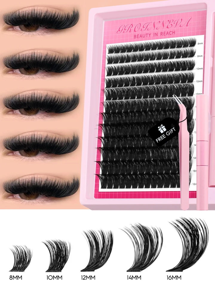 Kit de pestañas por racimos esponjosas individuales, C curl, extensiones de 10-18mm, kit DIY con pegamento y sellador 4