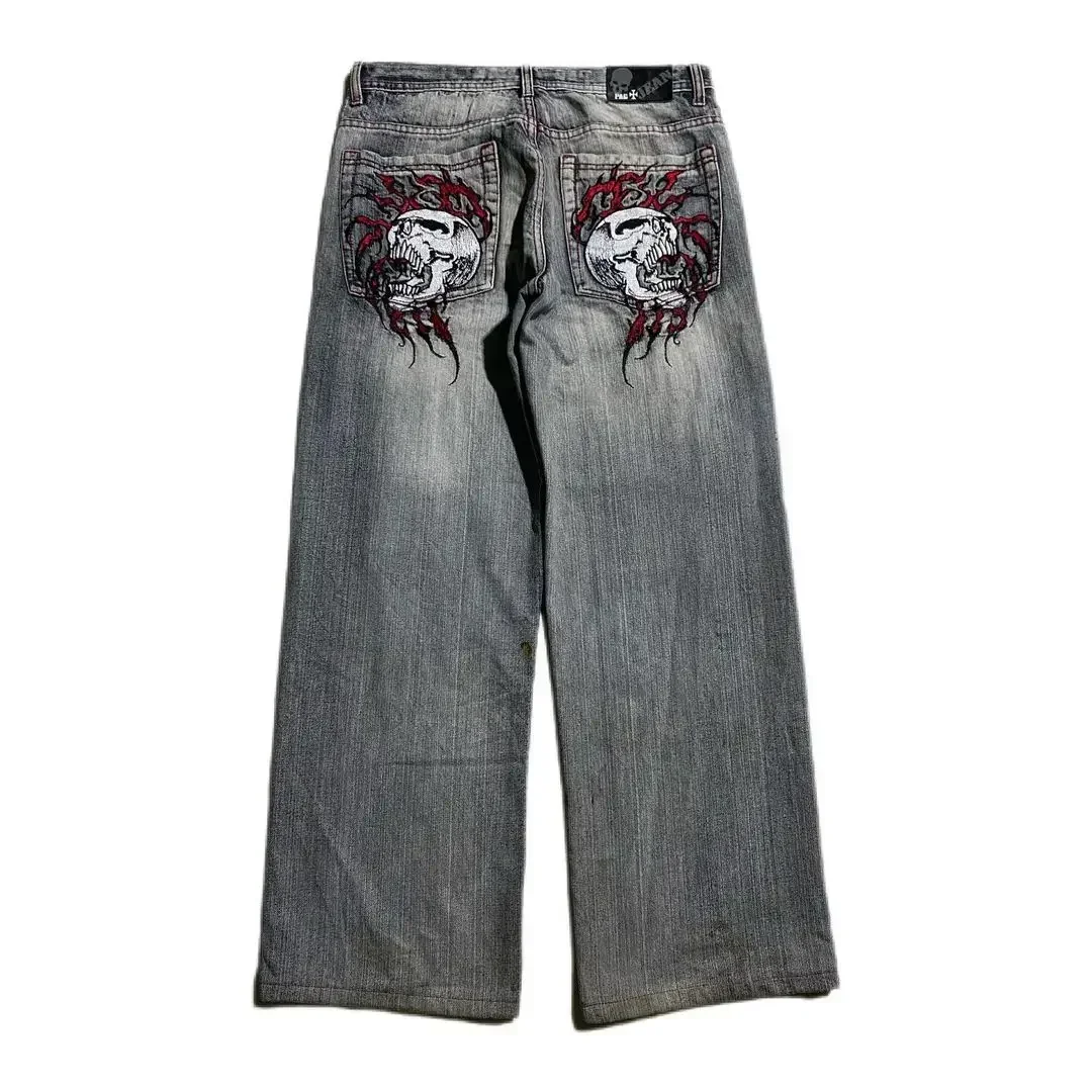 Y2K New Skull Embroidery Men Jeans Hip Hop Wash Loose Harajuku Goth Style Baggy Casual Oversize High Waist Wide Pant Street wear