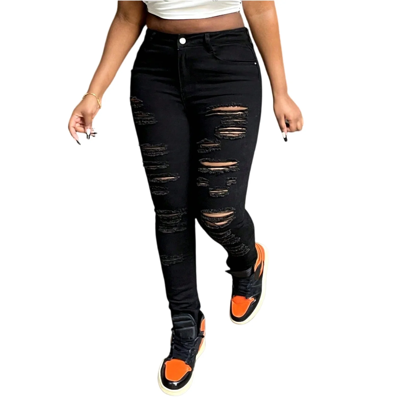 Black Ripped Jeans For Women Fashion High Waist Denim Pencil Pants Stretch Slim Skinny Trousers Machine Washable Skinny Jeans