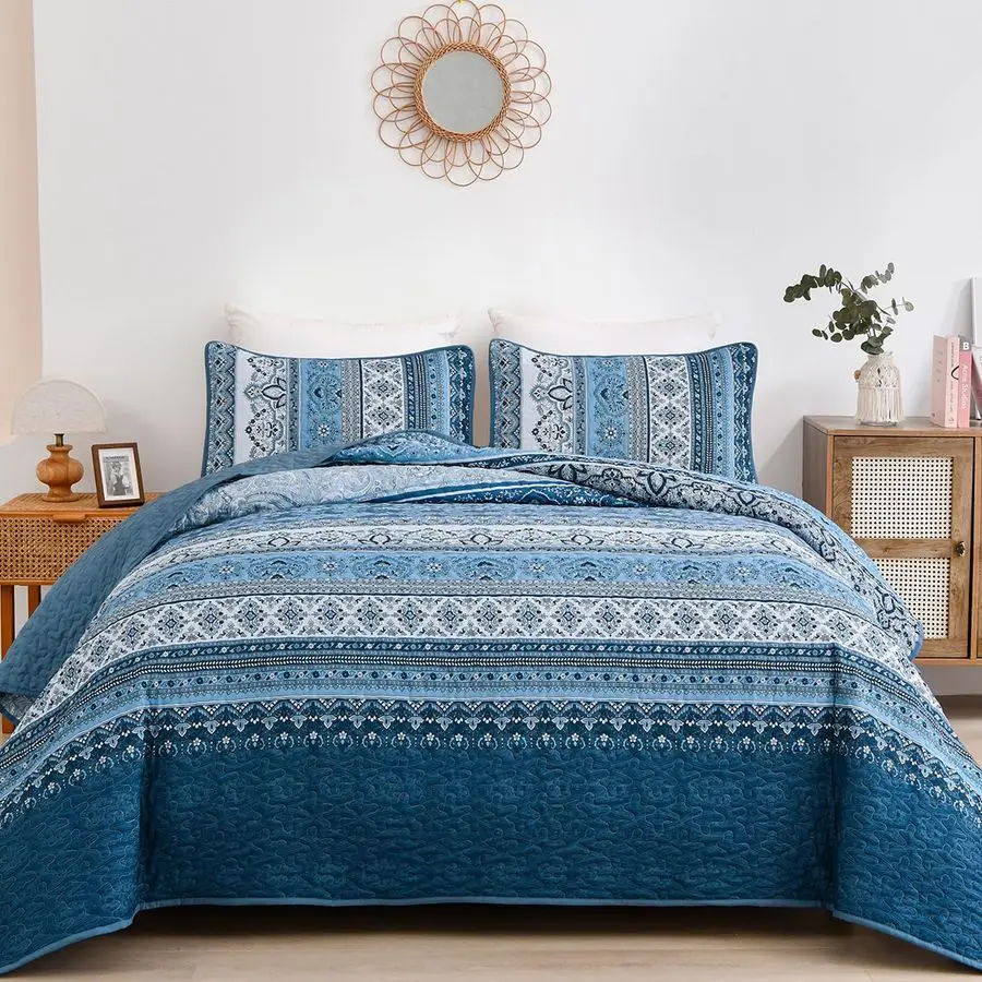 

Blue Quilt Set Queen Size, Bohemian Stripe 3 Pieces Quilts Bedspread Set Boho Lightweight Microfiber All Season Bedding Coverlet