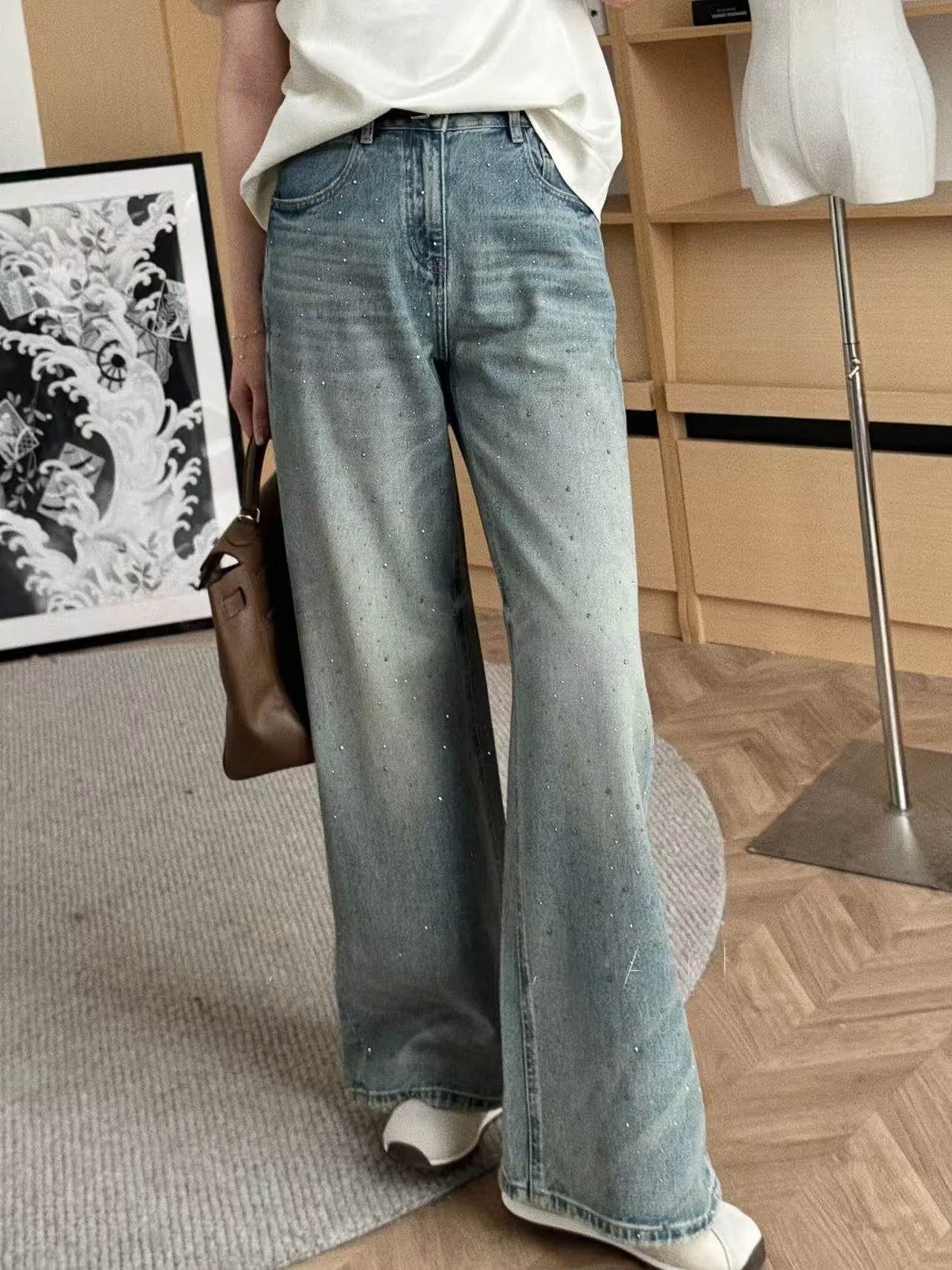 

Джинсы женские широкие из хлопкового денима с блестками Star Dust, с бусинами, повседневные, свободного кроя, с завышенной талией, на пуговицах