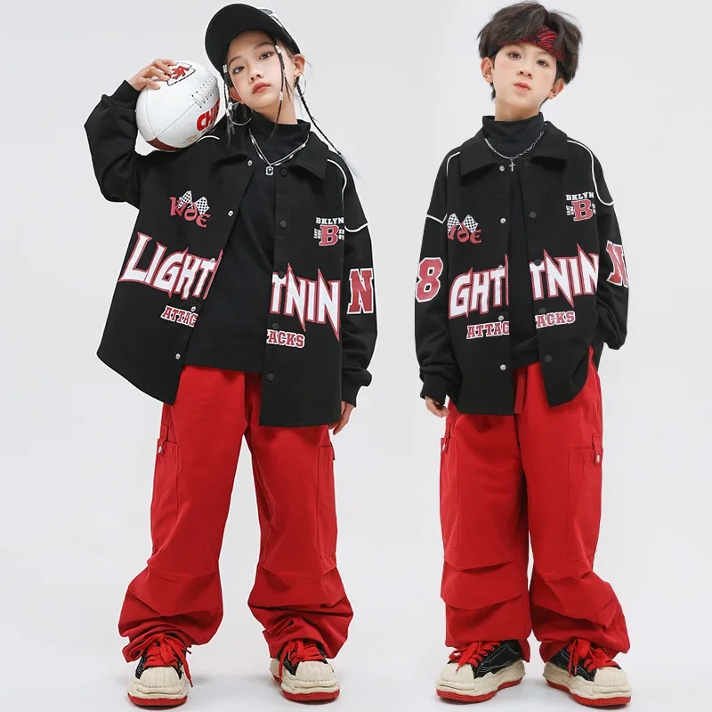 Kids Street Dance Costume Hip Hop Clothes Black Long Sleeve Tops Fashion Red Baggy Pants Teenagers Modern Dance Performance Wear