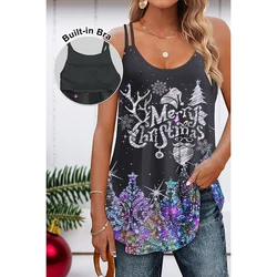 Flycurvy-camisola con estampado de árbol de Navidad, camisola de cuello en U con sujetador incorporado, letras brillantes de color azul marino de Navidad, talla grande