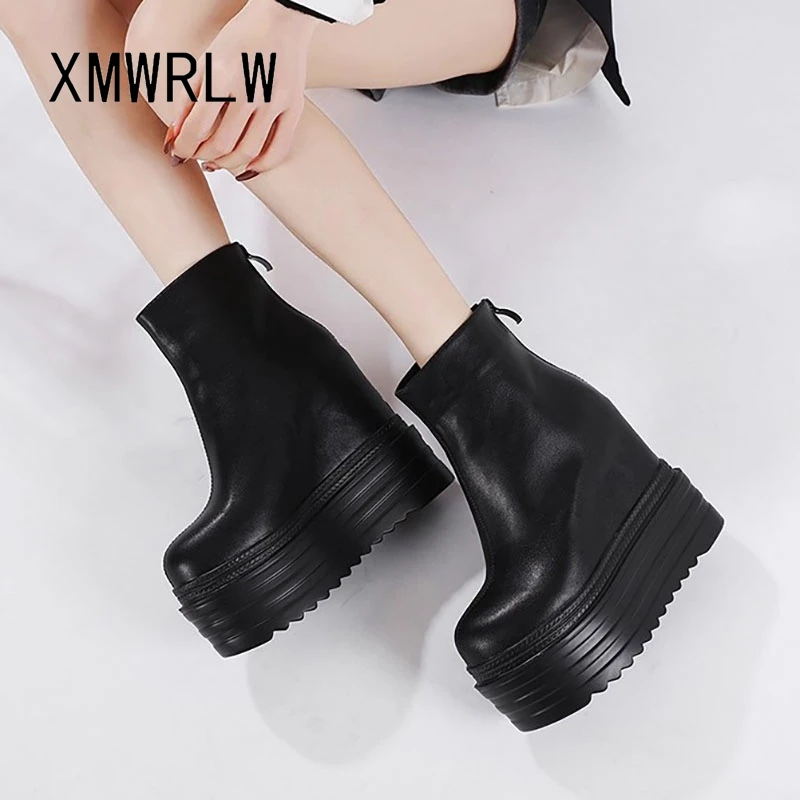 XMWRLW 2025 женские осенне-зимние ботильоны из искусственной кожи, модные женские ботинки на высоком каблуке 13 см на платформе, женская обувь на резиновой подошве