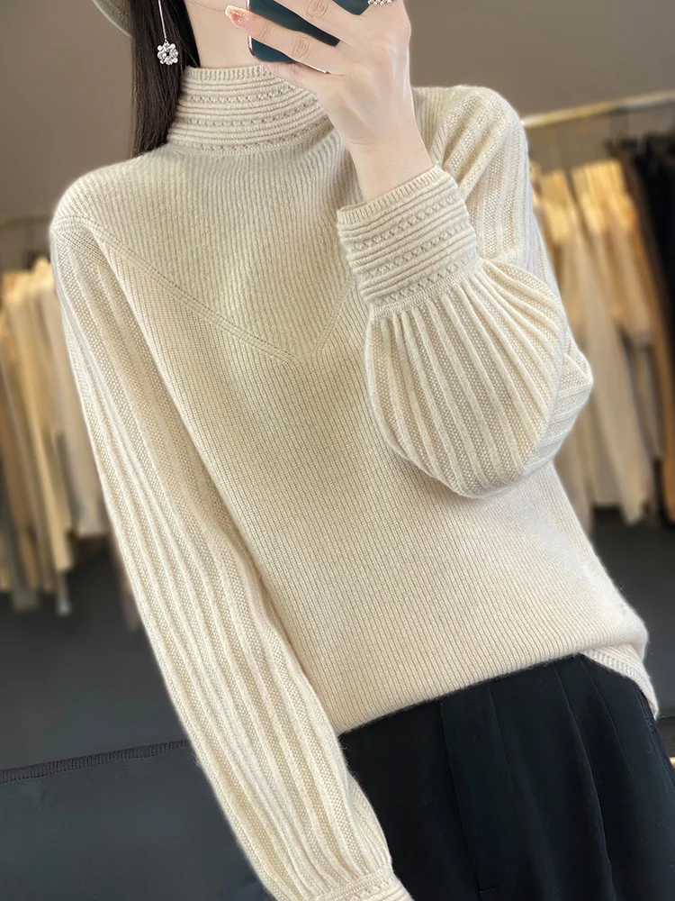 

Women's Loose Wool Knitwear Bubble Sve f High Collar Sweater Thermal Comfortable Autumn Winter Color Commute Sle