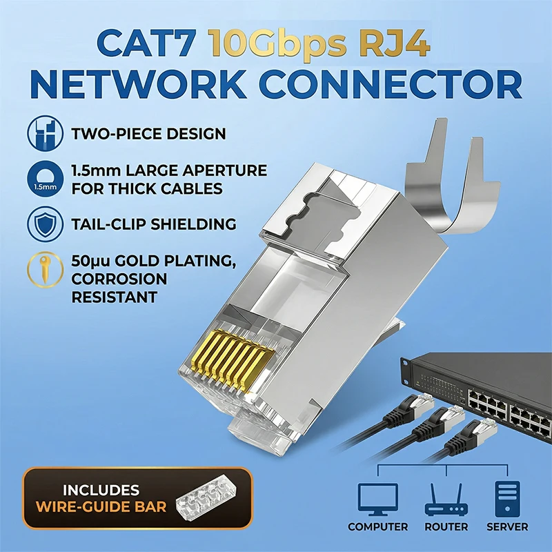 

10 шт. коннекторов RJ45 Cat7 с экранированием, 10 Гбит/с, позолоченные контакты, металлический корпус, отверстие 1,5 мм, двухкомпонентные, для кабеля Cat7