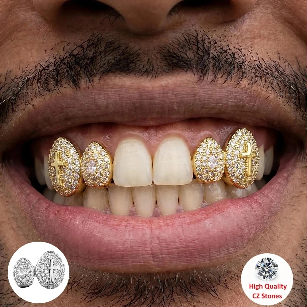 2PC Hip Hop Double Teeth Grillz Set Men's Solid Holy Cross CZ Top & Bottom Teeth Rapper Punk Style Shiny Christmas Gift